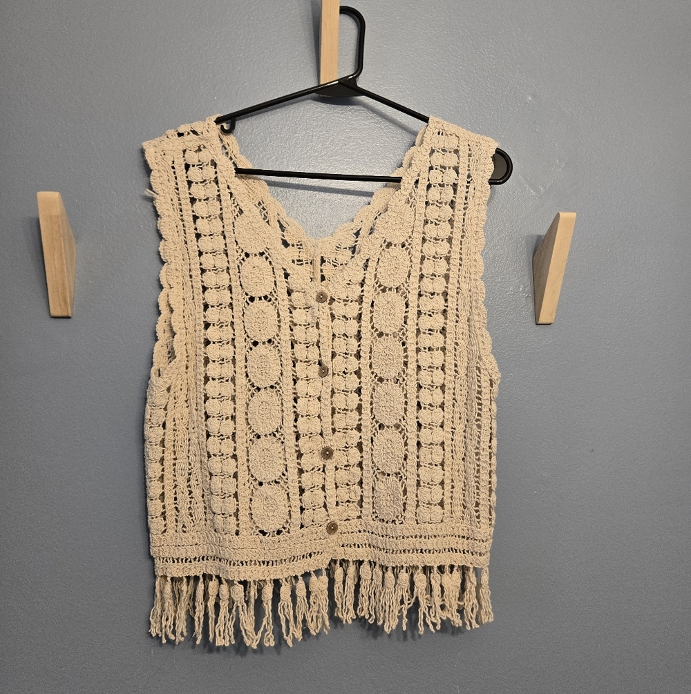 Crochet Fringe Tank Top in Beige
